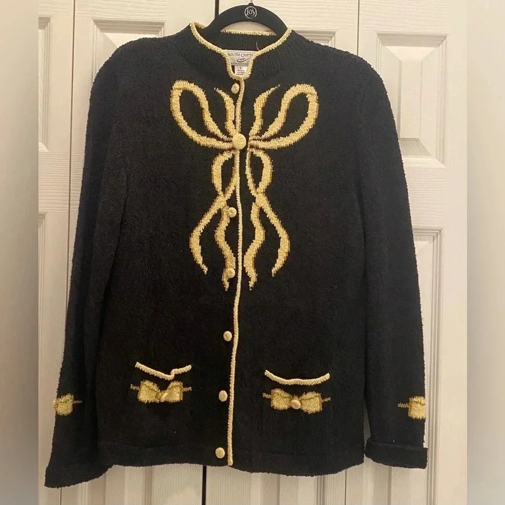 South Cotton Granny-Core Chunky Knit Holiday Bow Black Cardigan Sweater LRG EUC